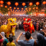Suasana perayaan Imlek di Medan usai Tarawih dengan ribuan warga menyaksikan barongsai dan lampion merah menghiasi area kota