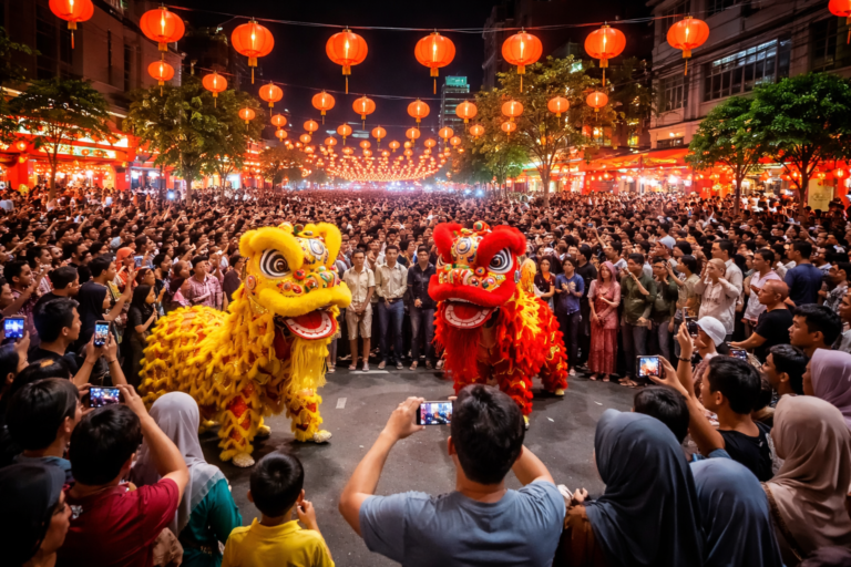 Suasana perayaan Imlek di Medan usai Tarawih dengan ribuan warga menyaksikan barongsai dan lampion merah menghiasi area kota