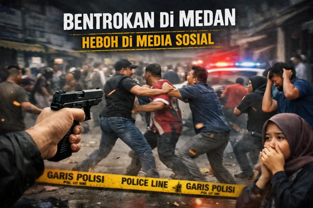 Bentrokan di Medan yang viral di media sosial dengan dugaan ancaman senjata api dan garis polisi terpasang